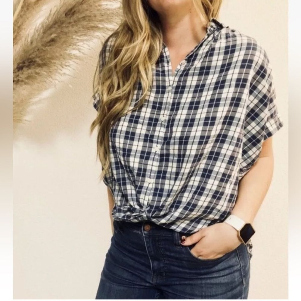 EUC Women's Madewell Central Plaid Split Back Oversized Shirt Top-XS OLDSTOCK